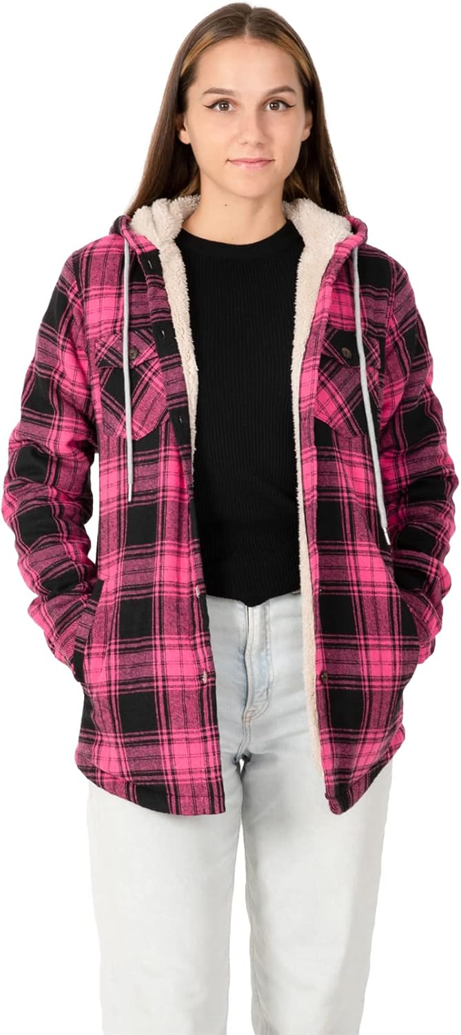 ZENTHACE Women's Sherpa Lined Plaid Flannel Jacket, Special Button Down Hooded F...