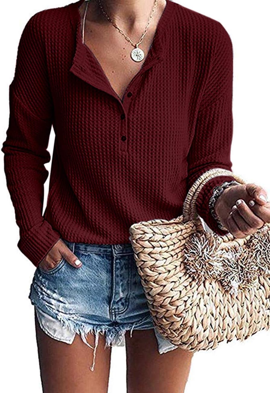 WNEEDU Women's Waffle Knit Tunic Tops Loose Long Sleeve Button Up V Neck Henley...