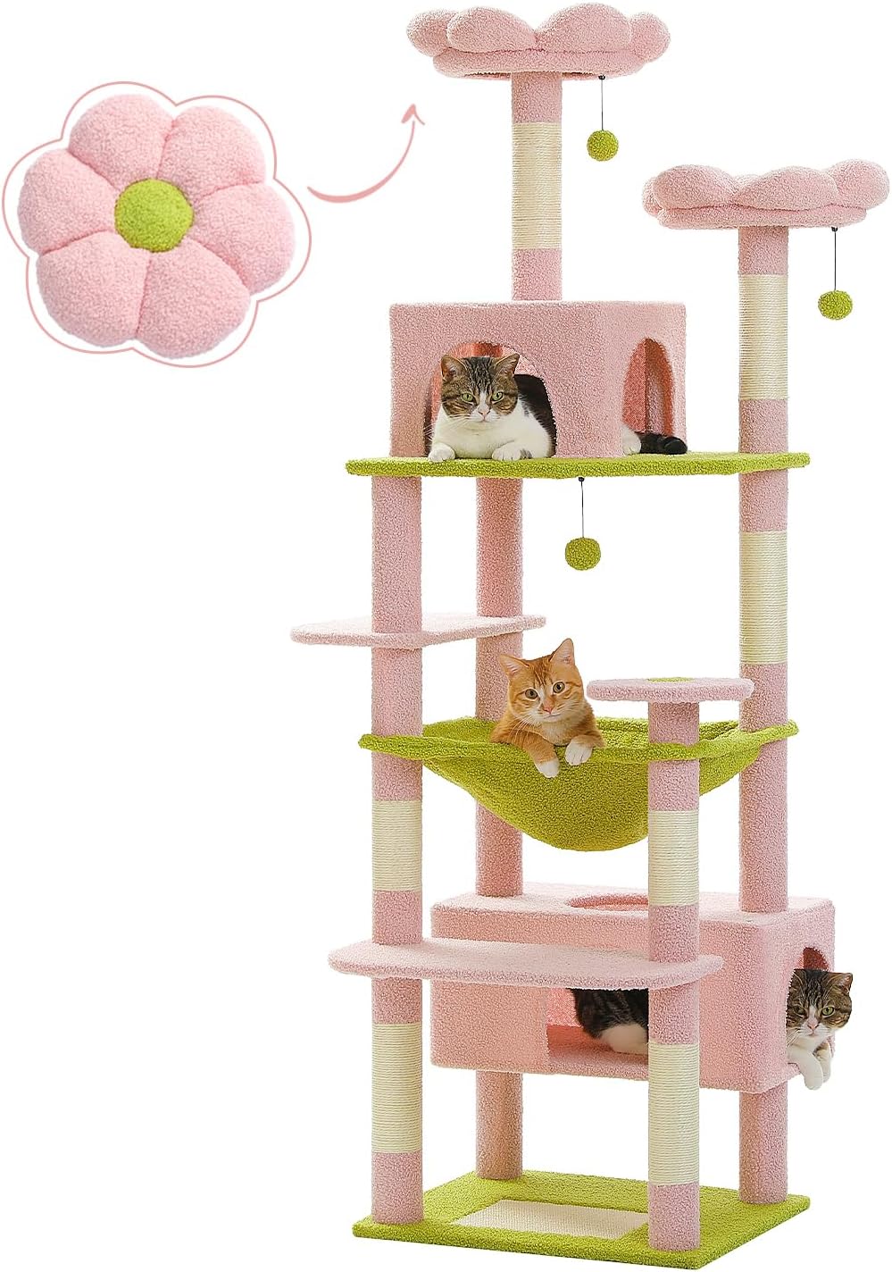 PAWZ Road Flower Cat Tree, 72 Inches Large Cat Tower with Steel Frame Hammock an...