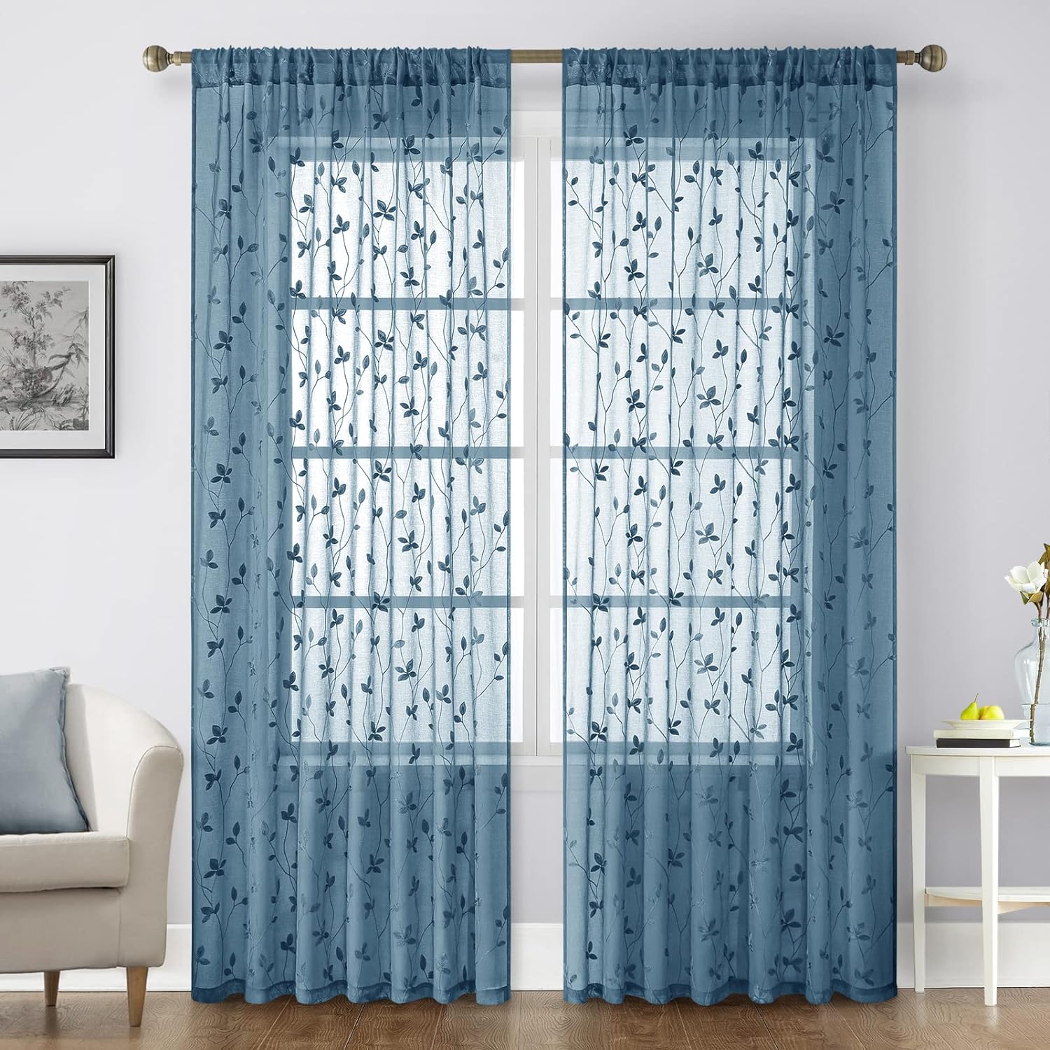 HOMEIDEAS Cyan Blue Sheer Curtains 52 X 84 Inches Length 2 Panels Embroidered Vi...