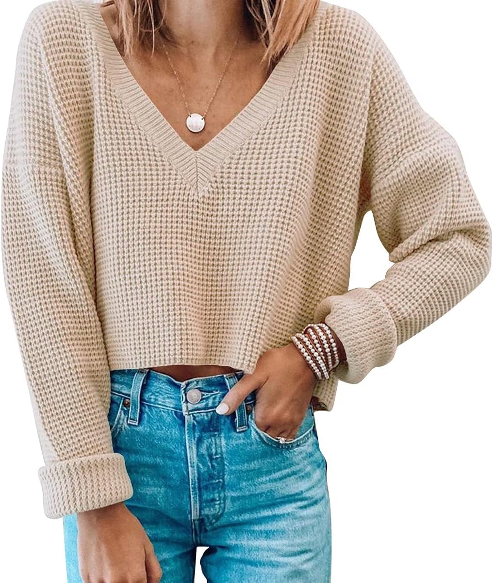 Jumppmile Womens V Neck Waffle Knit Cropped Top Long Sleeve Pullover Crop Sweate...
