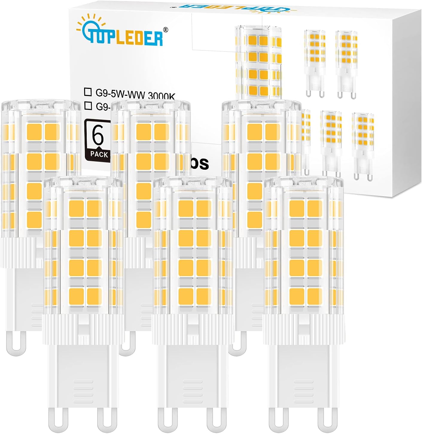 TopLeder G9 LED Bulbs 6-Pack, 5W 450LM LED Light Bulbs, Warm White 3000K, No Fli...