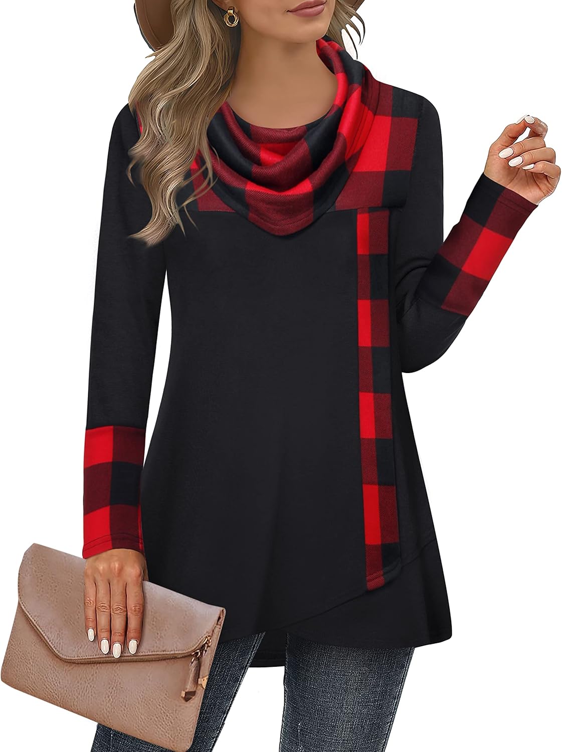 Furnex Women's Long Sleeve Cowl Neck Tunic Top Casual Pullover Sweatshirt Black...