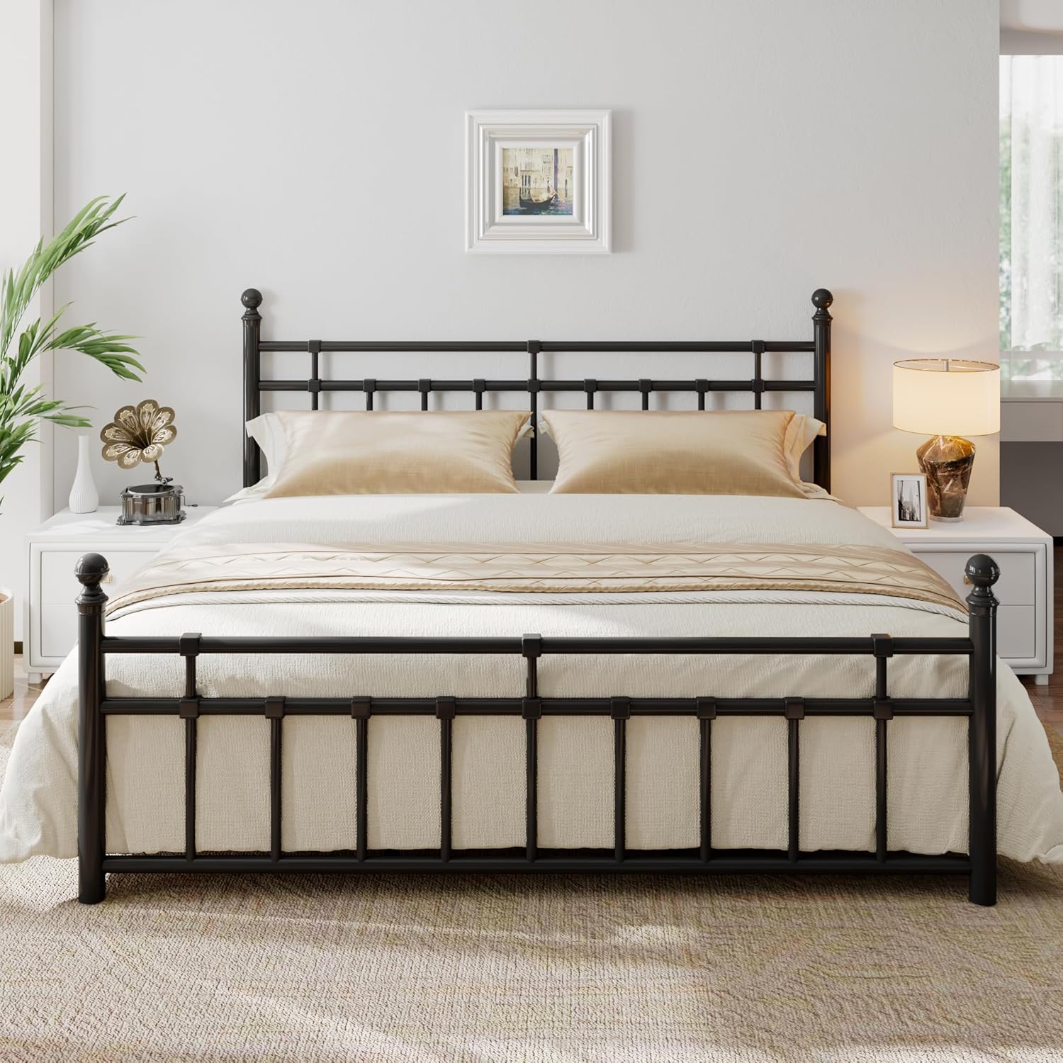 iPormis King Metal Bed Frame with Vintage Headboard and Footboard, Farmhouse Kin...