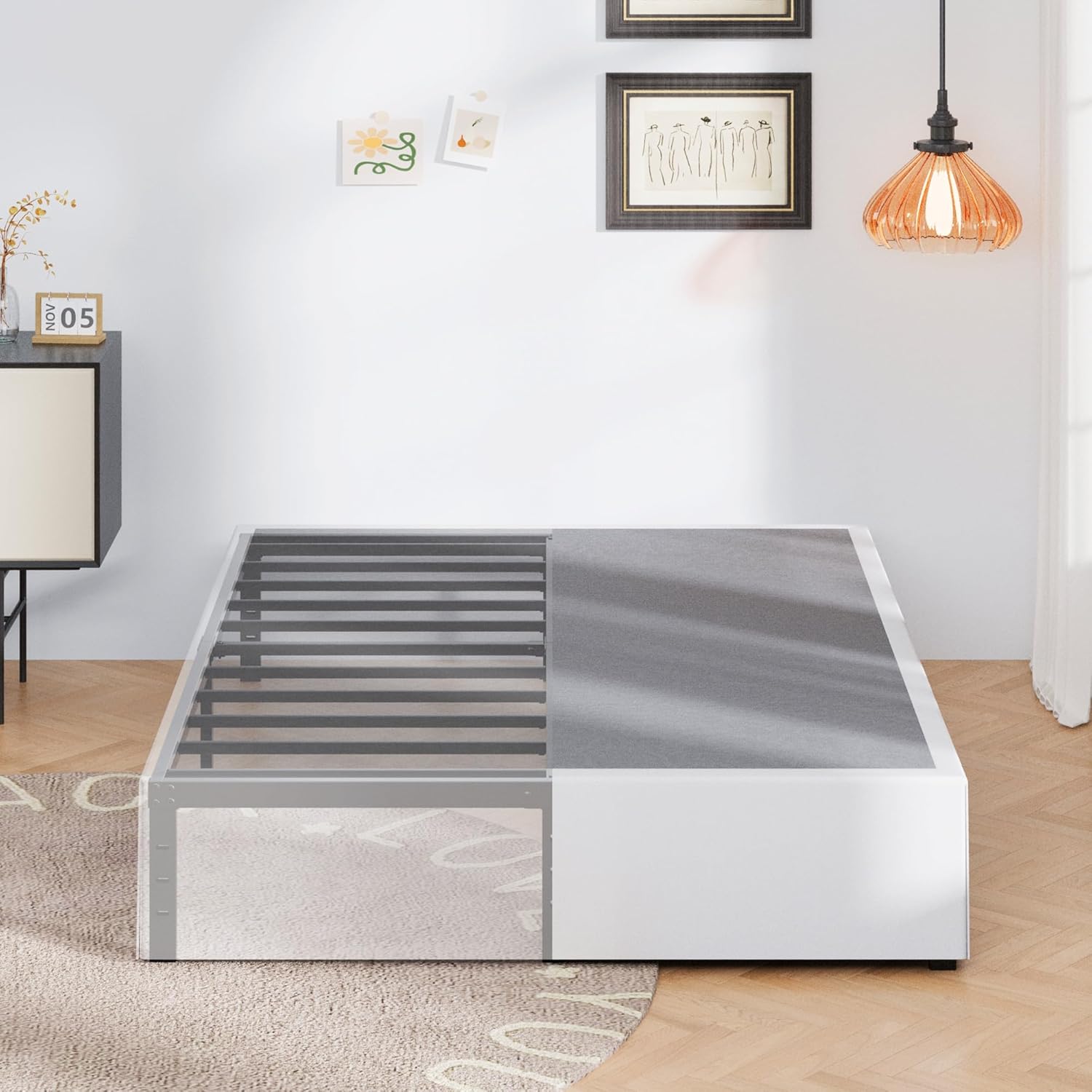 16 Inch King Size Bed Frame with White Skirt Cover, Metal King Bed Frame with St...