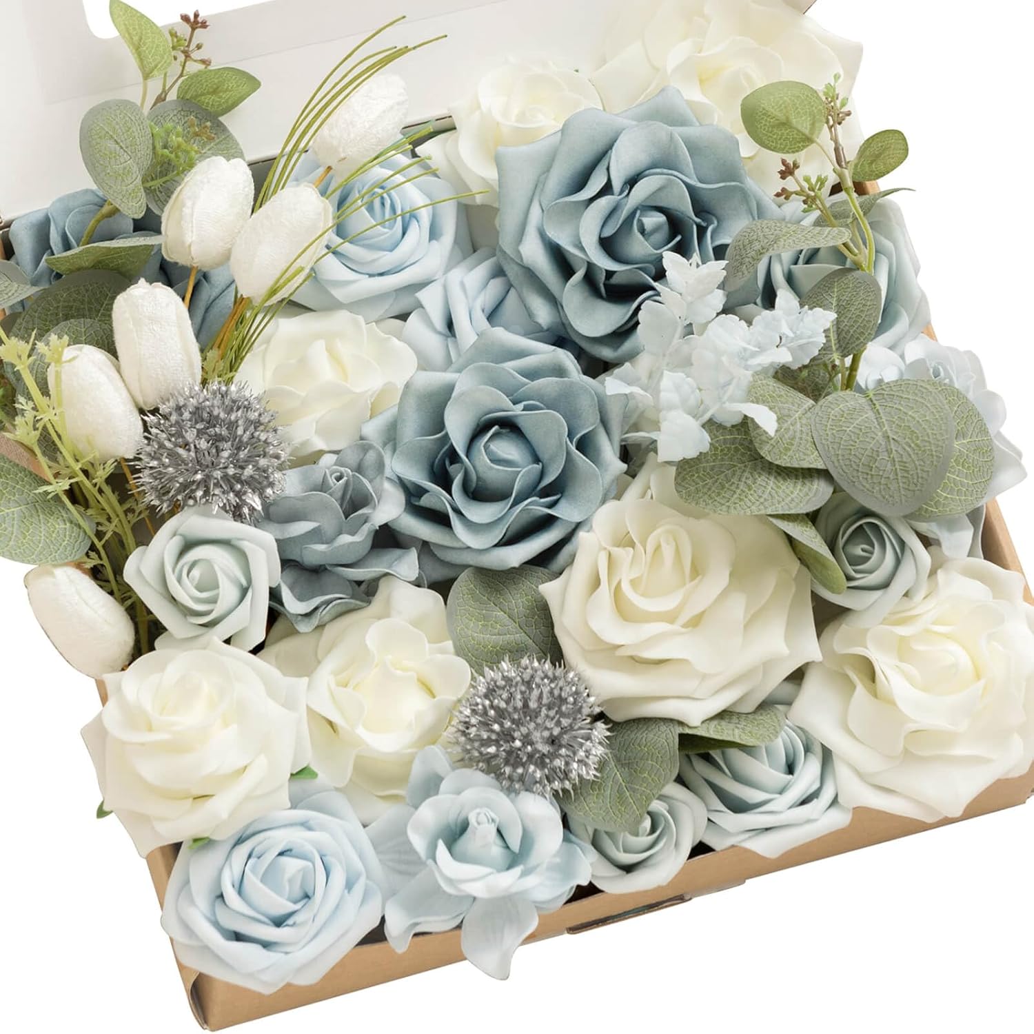 Ling's Moment Fake Flowers Box, Faux Artificial Plants Stems Foam Roses Silk Gre...
