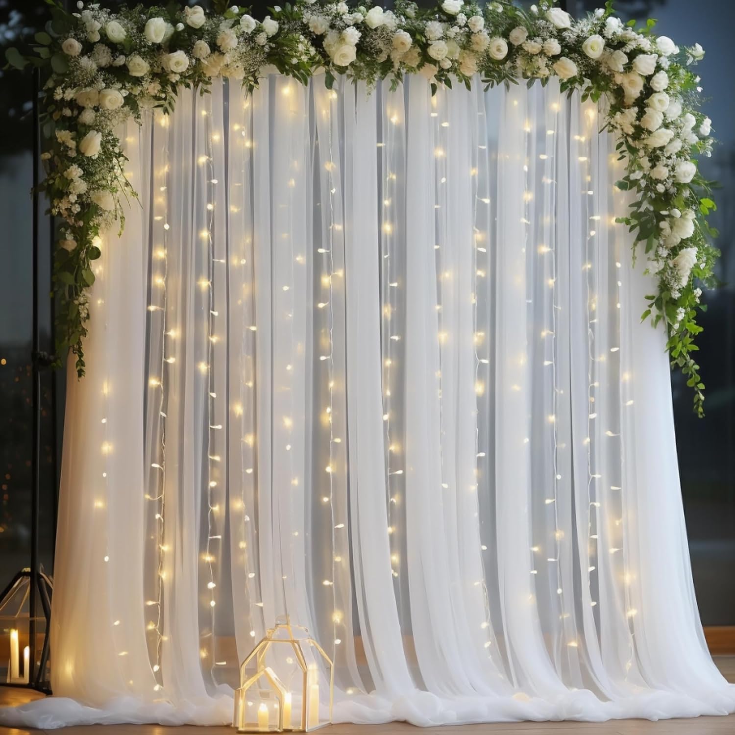 PARTISKY 10x10ft White Tulle Backdrop Curtain with Lights String for Parites, Sh...