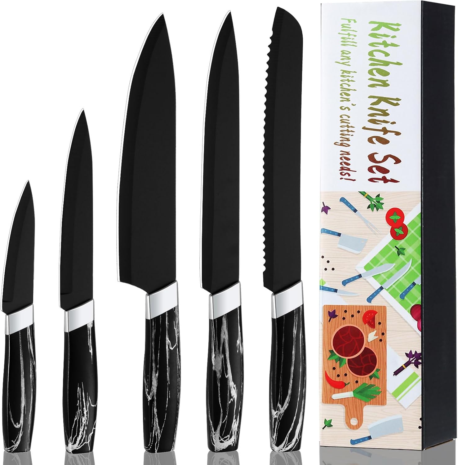 BEWOS Kitchen Knife Set, 5PCS Professional Kitchen Knives with Chef Knife, Bread...