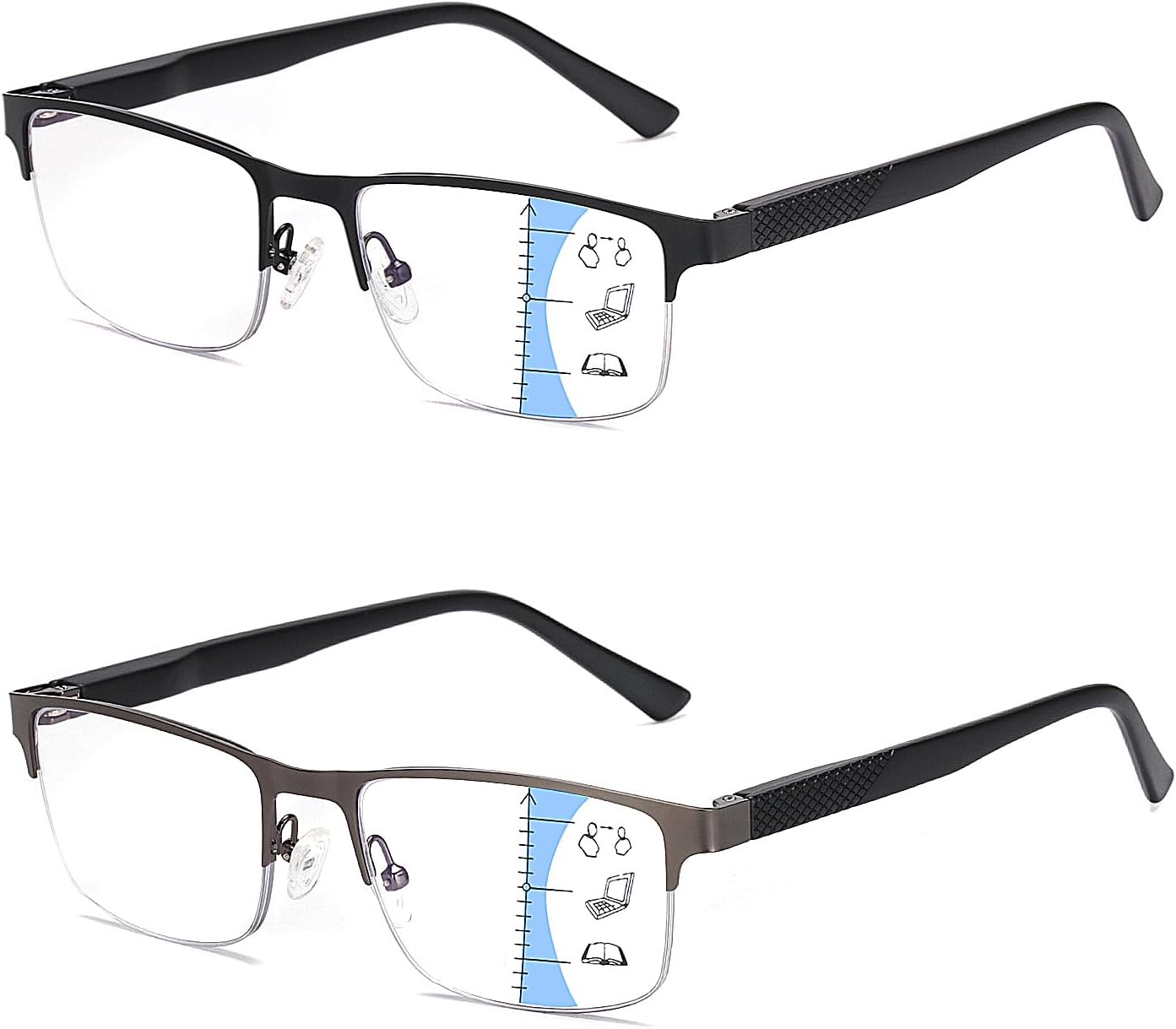 Missfive 2 Pack Mens Quality Progressive Multifocus Reading Glasses Blue Light B...