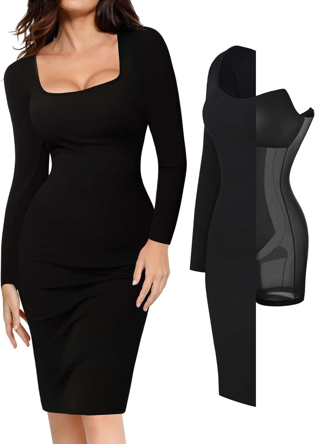 Popilush Long Sleeve Midi Dress, Special Bodycon Party Dress with Shapewear, Inn...
