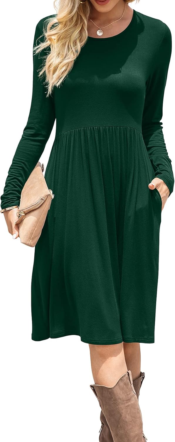 DB MOON Women Casual Long Sleeve Dresses Empire Waist Knee Length Loose Dress wi...