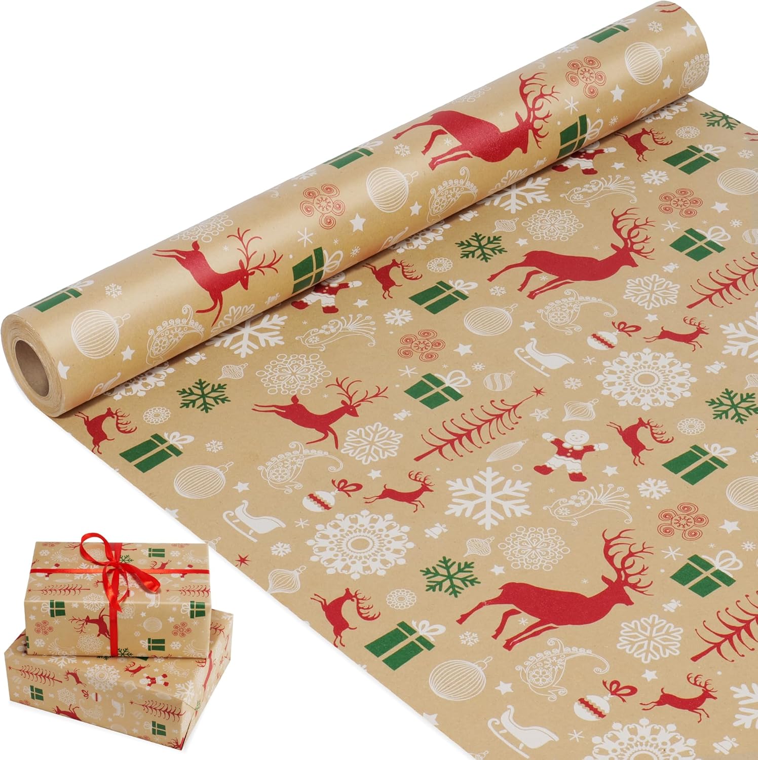 44cm x 15M Christmas Paper Wrapping Roll, Recyclable Kraft Paper Printed with Ch...