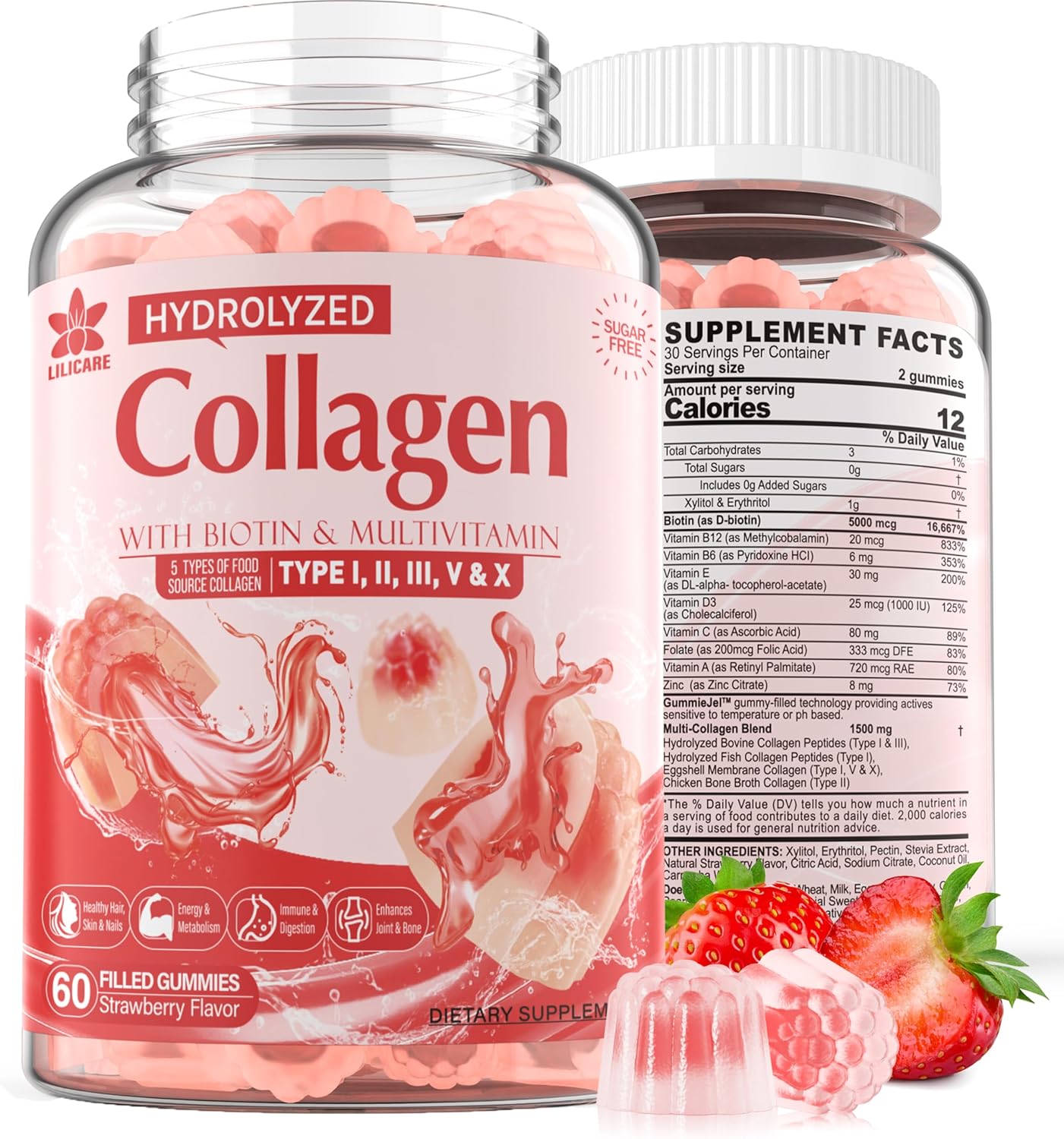 Sugar-Free Hydrolyzed Collagen Peptide Filled Gummies,Extra Strength 1500mg Prot...