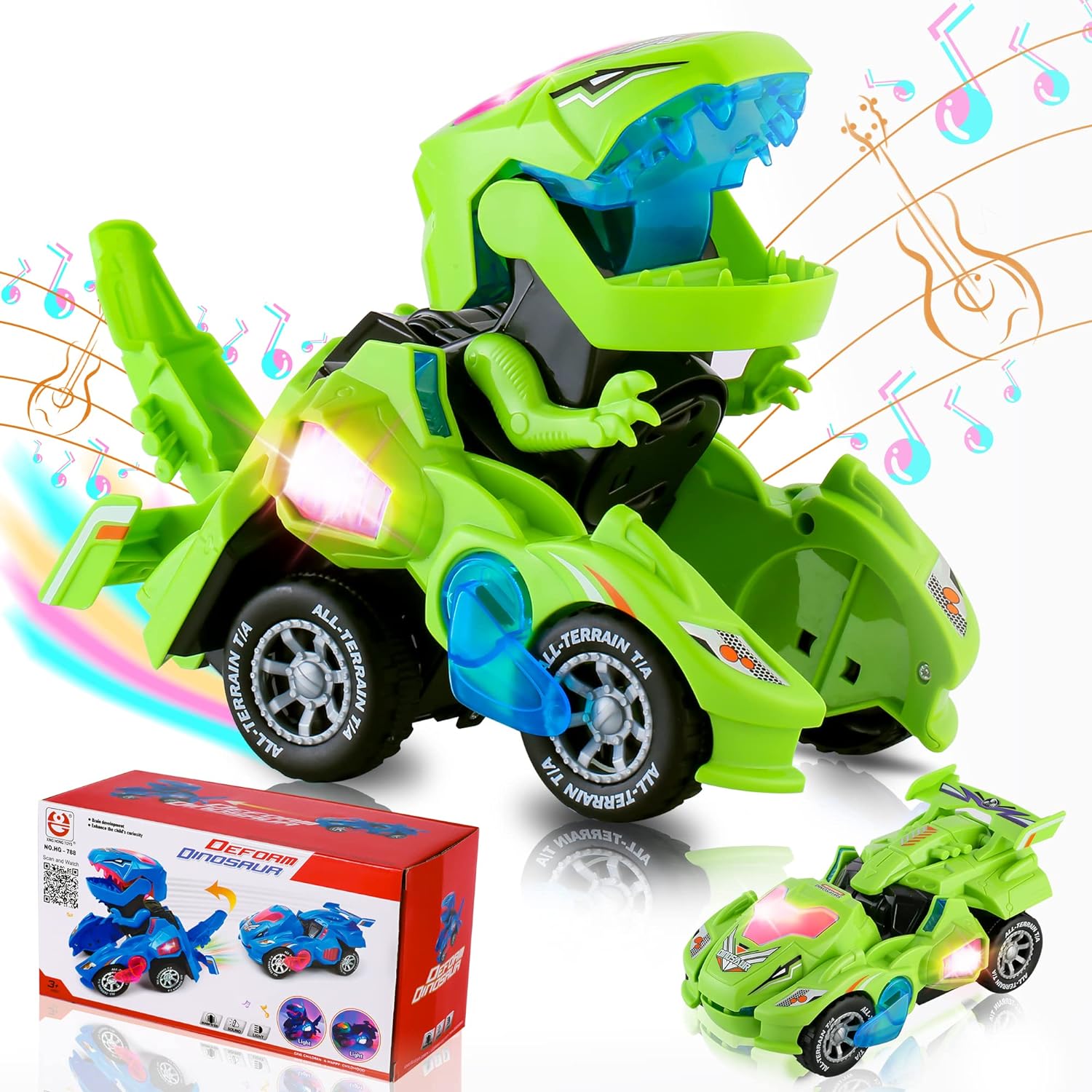 Hirger Transforming Car Dinosaur Toy, Special Dino Transformer Toy Car with Ligh...