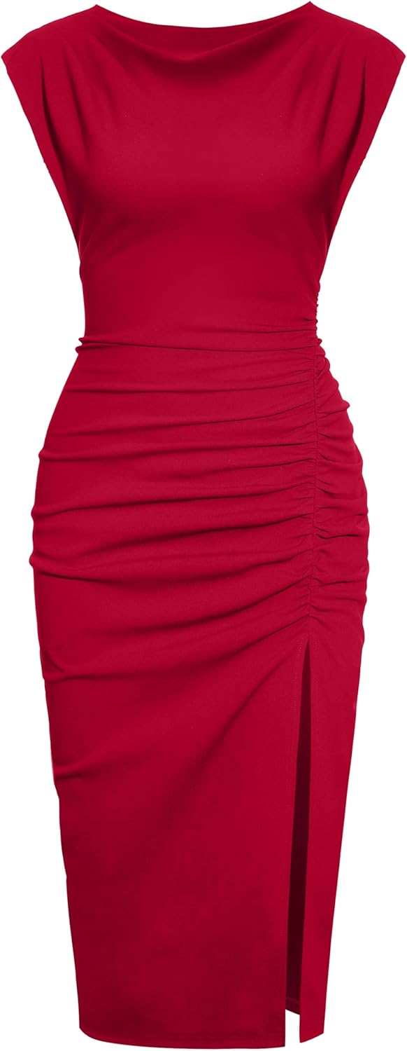 IHOT 2024 Women's Dress, Special Mock Neck Side Slit Ruched Bodycon Midi Dress,...