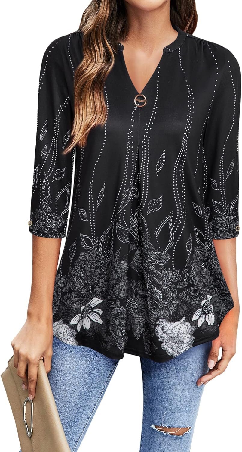 VALOLIA Womens Tops 3/4 Sleeve Shirts V Neck Blouses Dressy Casual Tunic Tops M-...