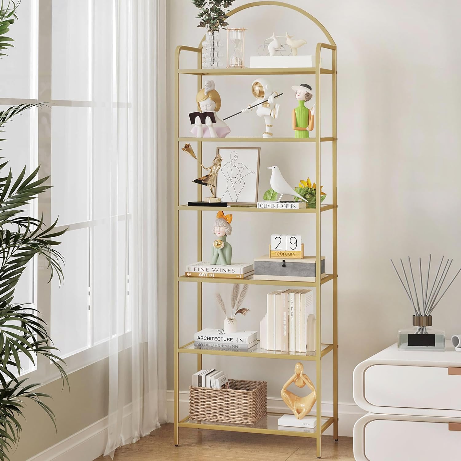 Bookcase Bookshelf, Tempered Glass Bookshelves, Slim Shelving Unit for Bedroom,...