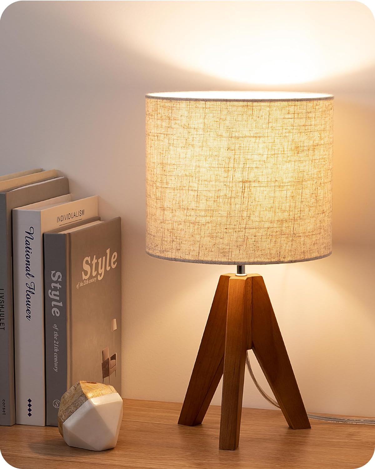 EDISHINE Tripod Table Lamp, Small Cute Bedside Lamp with Linen Beige Lampshade,...