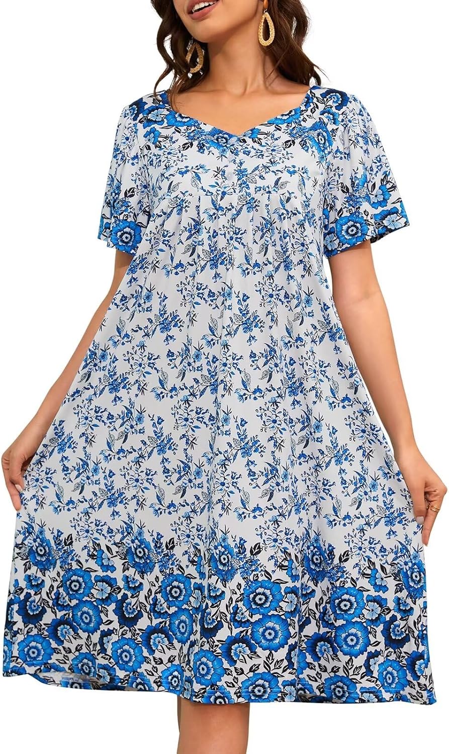 Womens Nightgown Short Sleeve House Dress with Pockets-Floral Print Mumu Dress S...