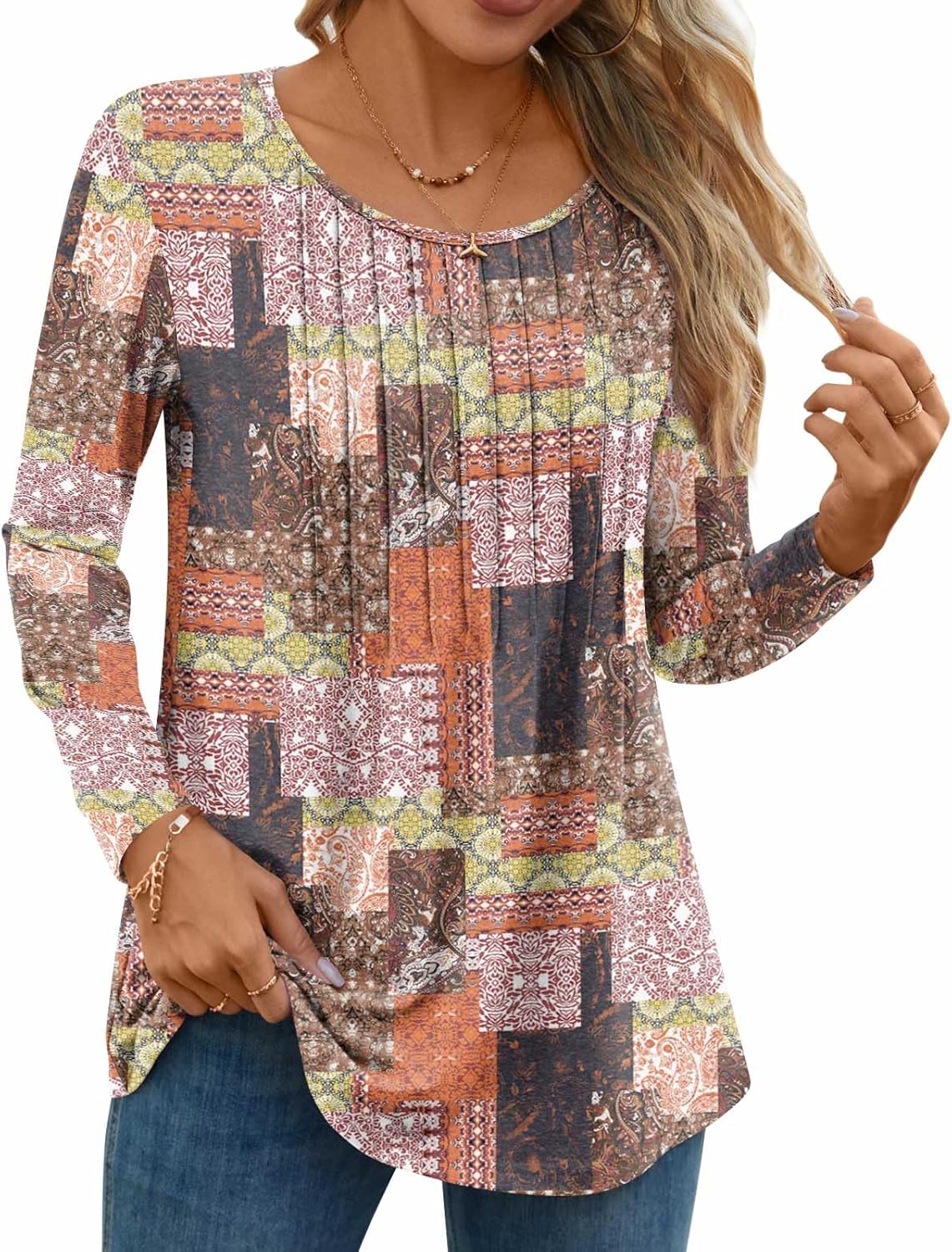 TAOHUADAO Women Fall Long Sleeve Tops Pleated Crew Neck Tunic Casual Dressy Blou...
