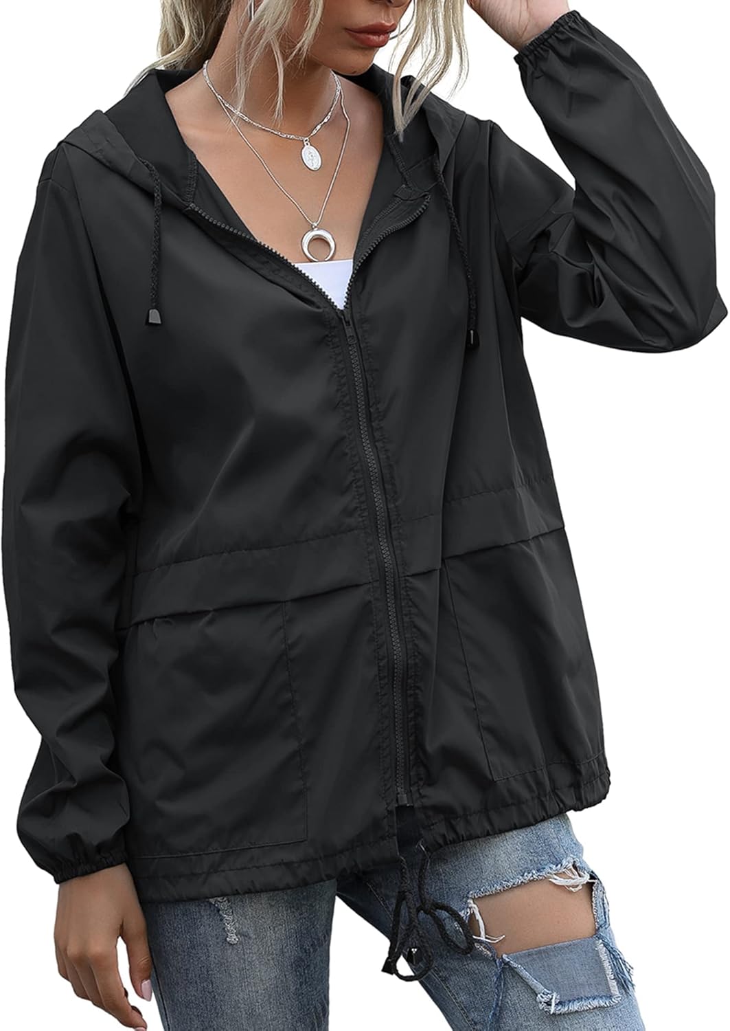 Women's Raincoats Lightweight Waterproof Windproof Adjustable Windbreaker Rain J...