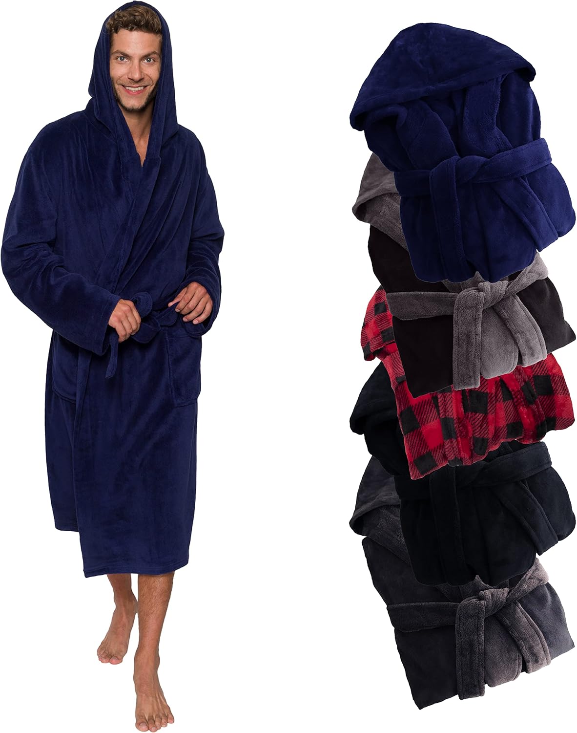 Ross Michaels Mens Robe Hooded Wrap Style - Mid Length Plush Fleece Bathrobe Sma...