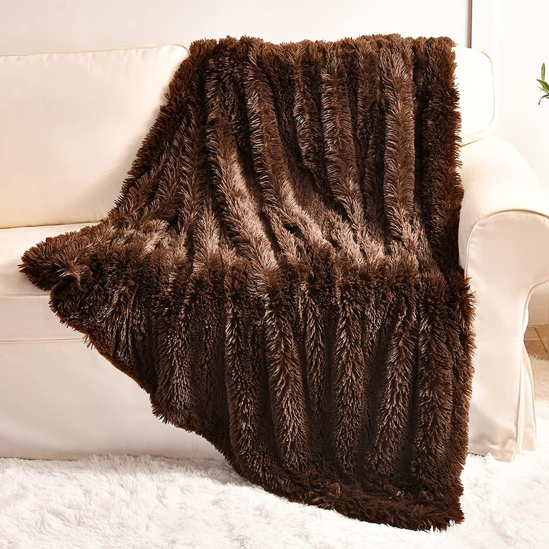 YUSOKI Brown Faux Fur Throw Blanket,2 Layers,50" x 60", Soft Fuzzy Fluffy Plush...
