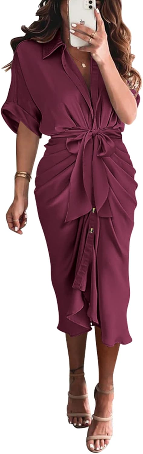 BTFBM 2024 Women's Dress, Special Button Down Ruched Shirt Dress for Short Sleev...
