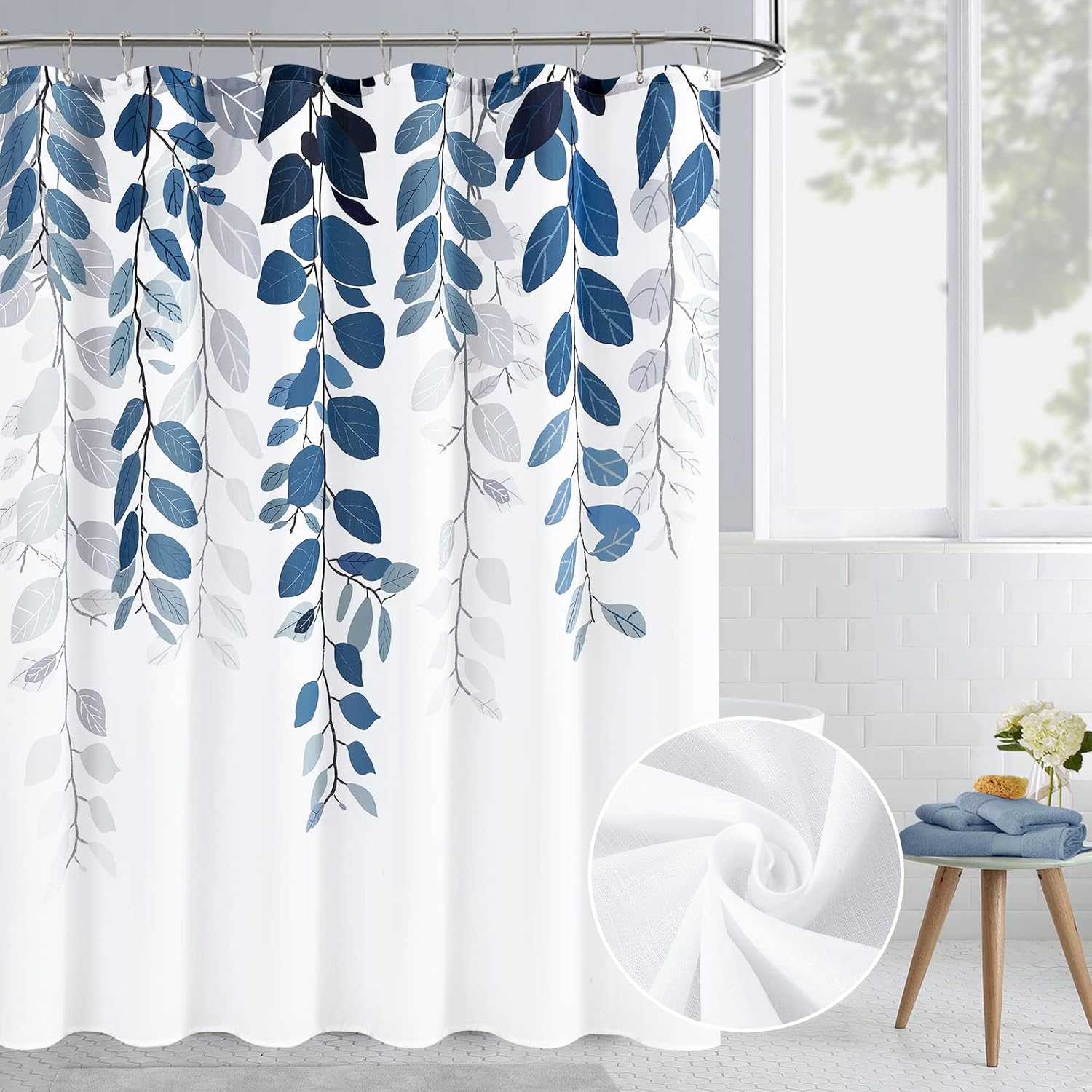 BOODII Blue Eucalyptus Shower Curtain, Special Floral Watercolor Leaves Shower C...
