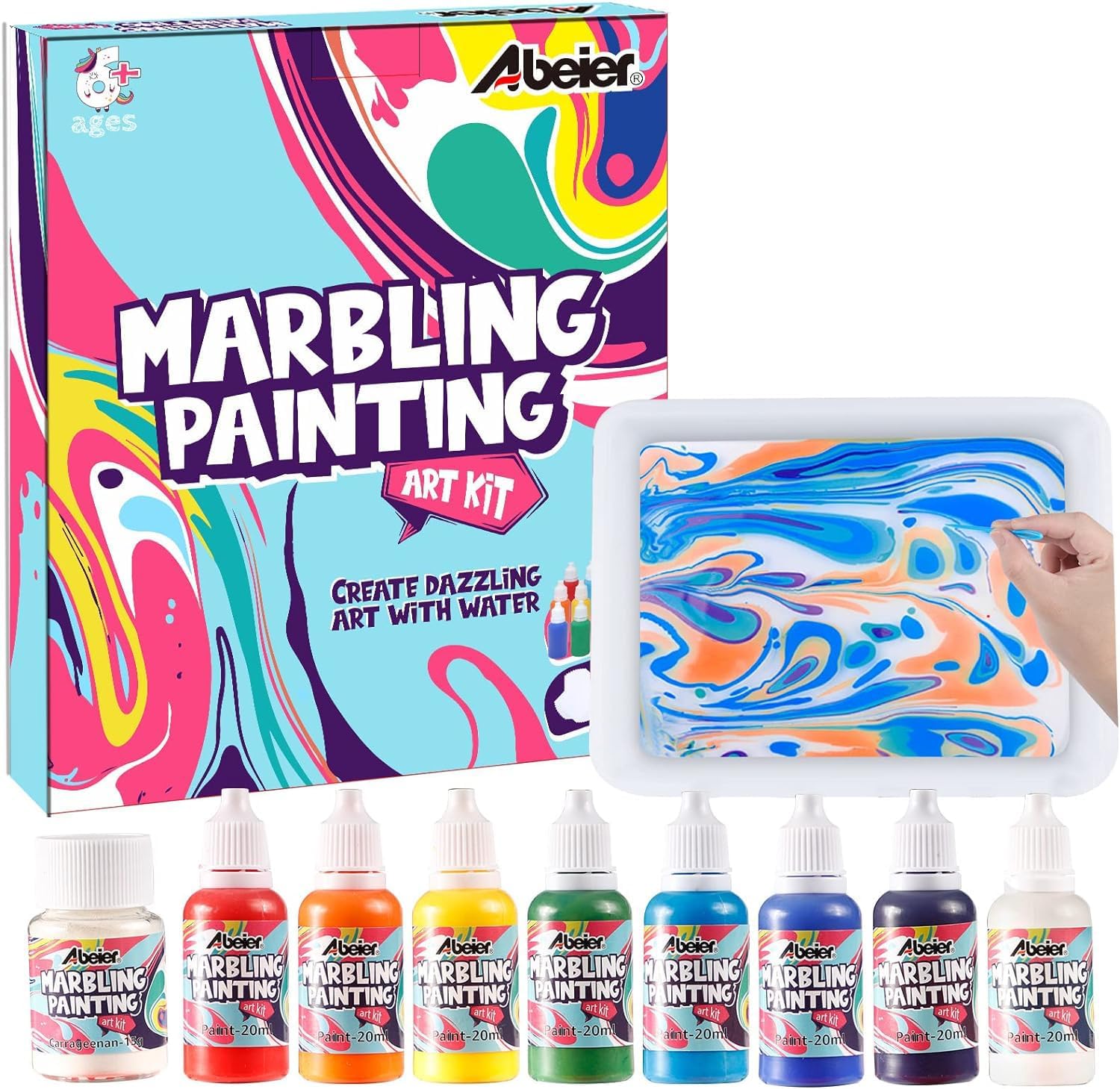 ABEIER Water Marbling Paint Kit for Kids, 8 Colors (20ml Each), Non-Toxic, Paint...