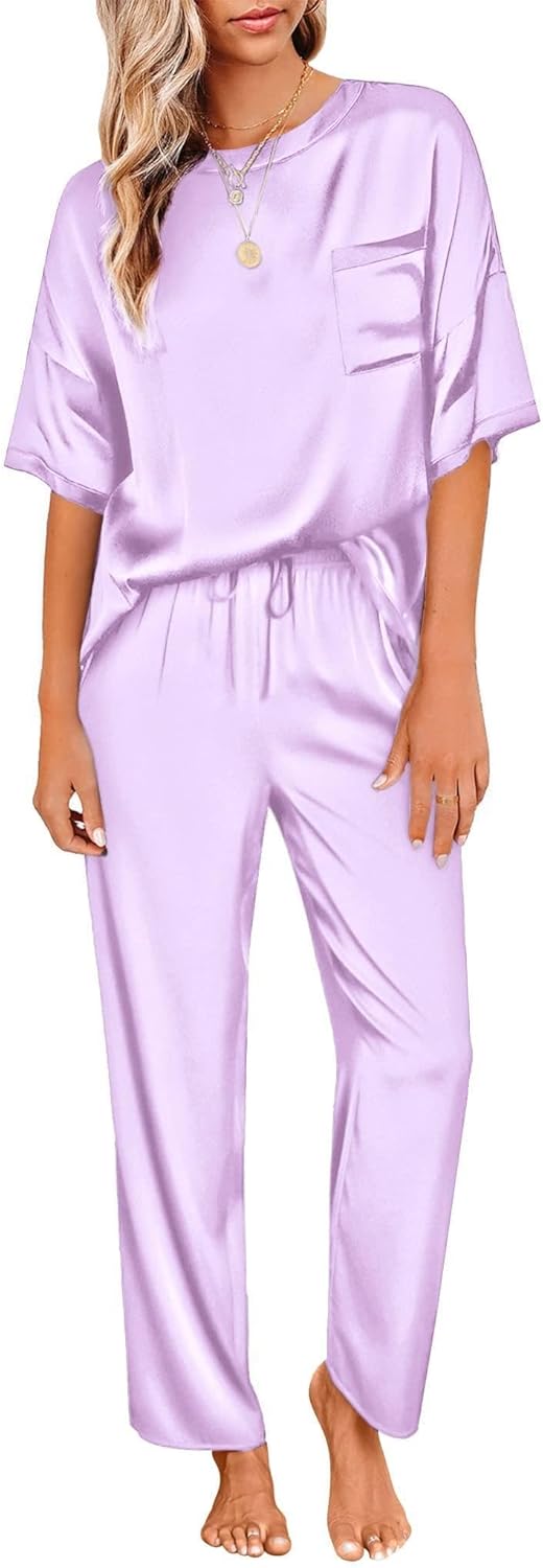 Ekouaer Womens Pajama Set, Special Satin Silky Pajama Set with Short Sleeve Shir...