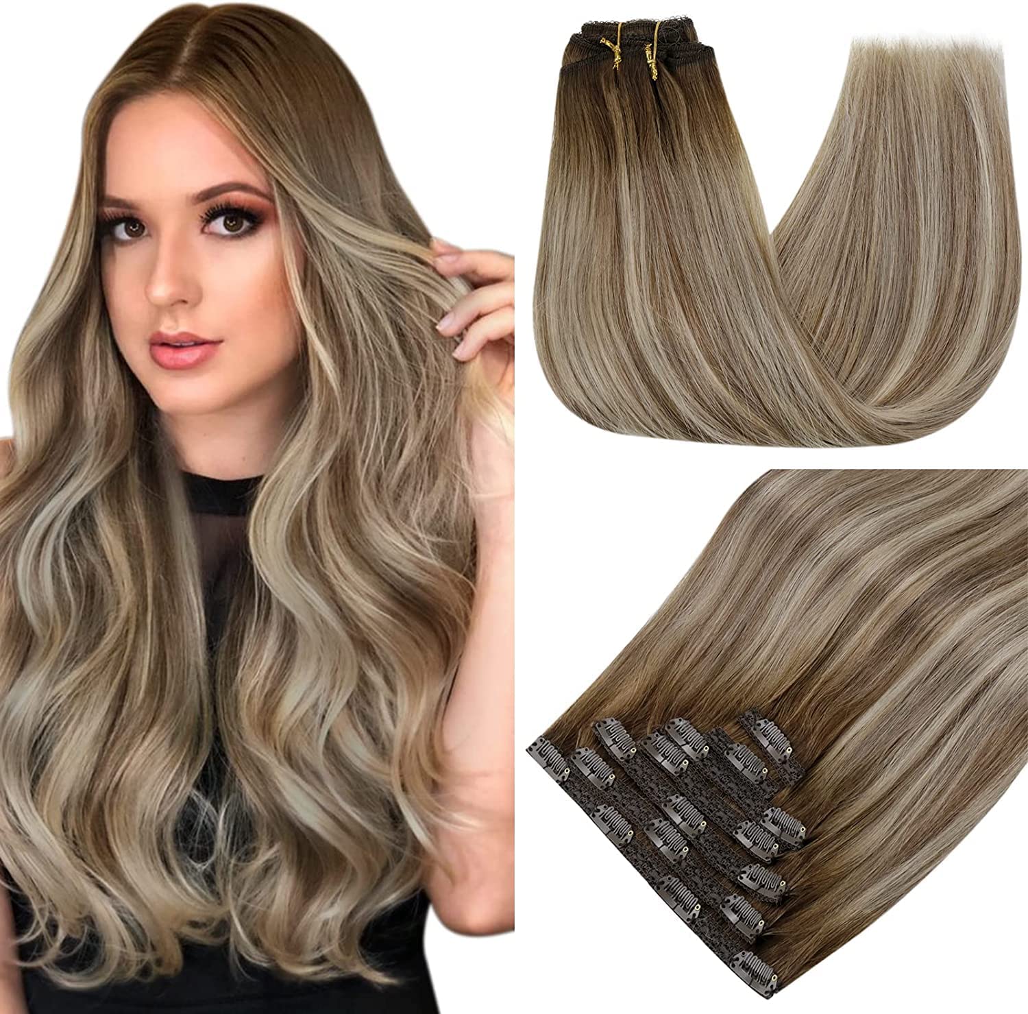 RUNATURE Blayage Clip in Hair Extensions Full Head Clip in Hair Extensions Real...