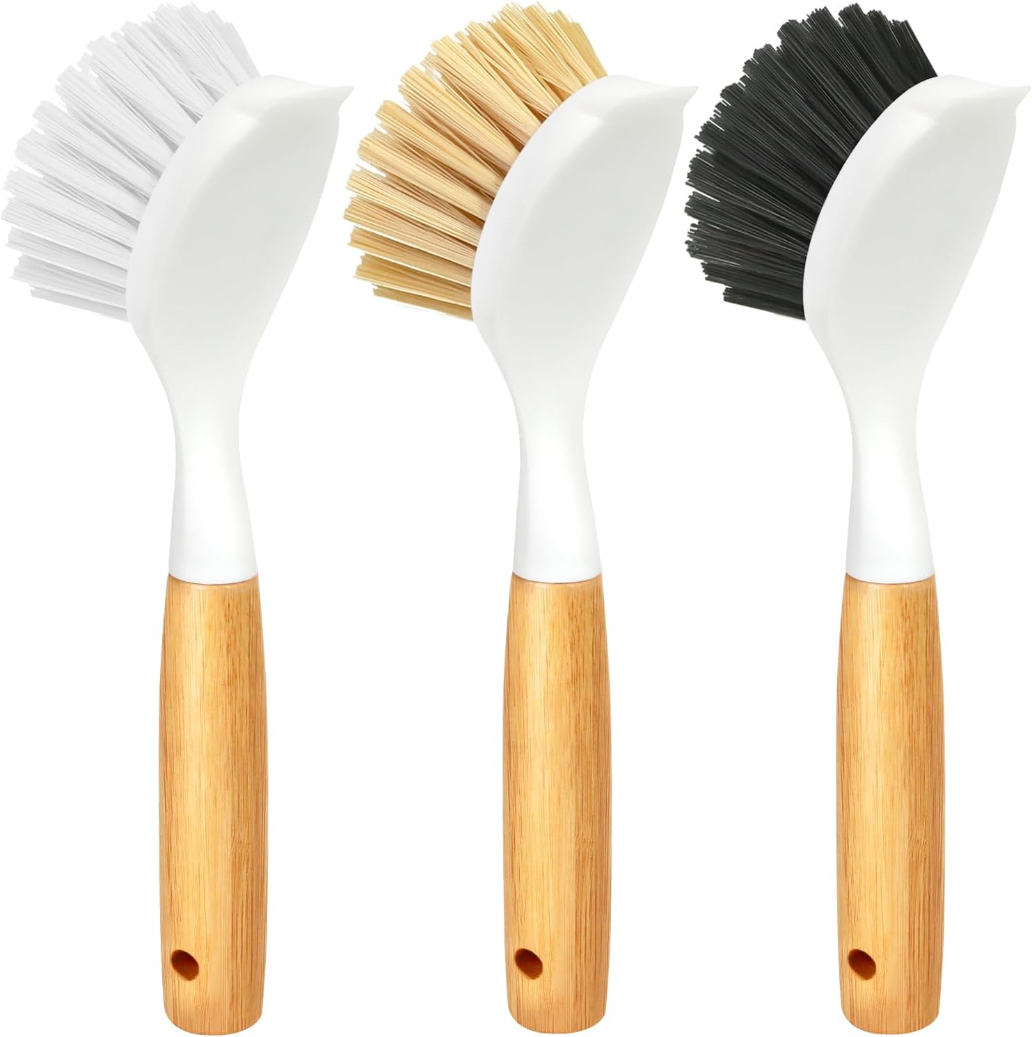 Holikme 3 Pack Dish Brush Set with Bamboo Handle, Kitchen Scrub Brush for Cleani...