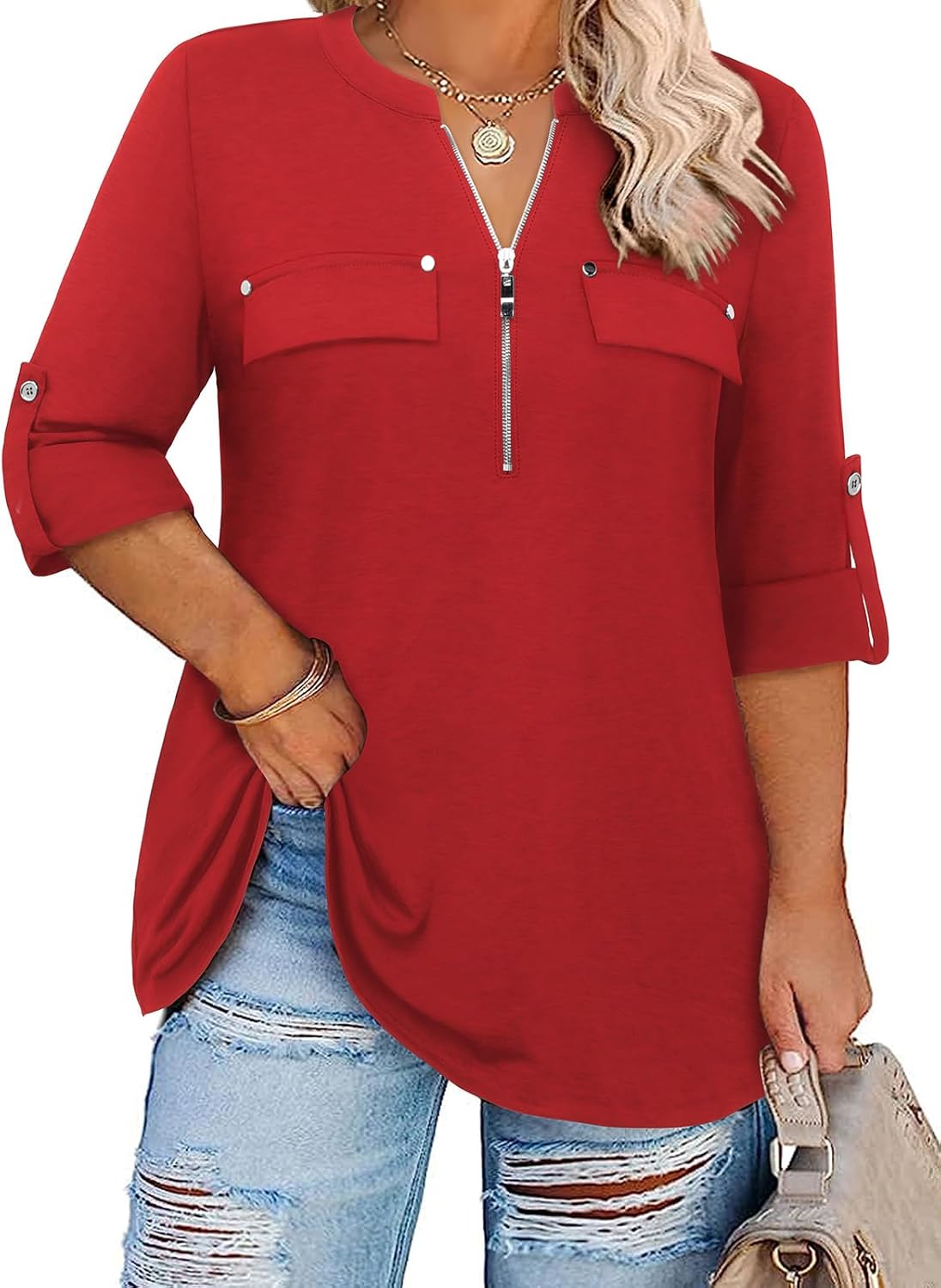 Siddhe Plus Size Tops, Special Women's 3/4 Length Sleeve Tops with Zip V-Neck, S...