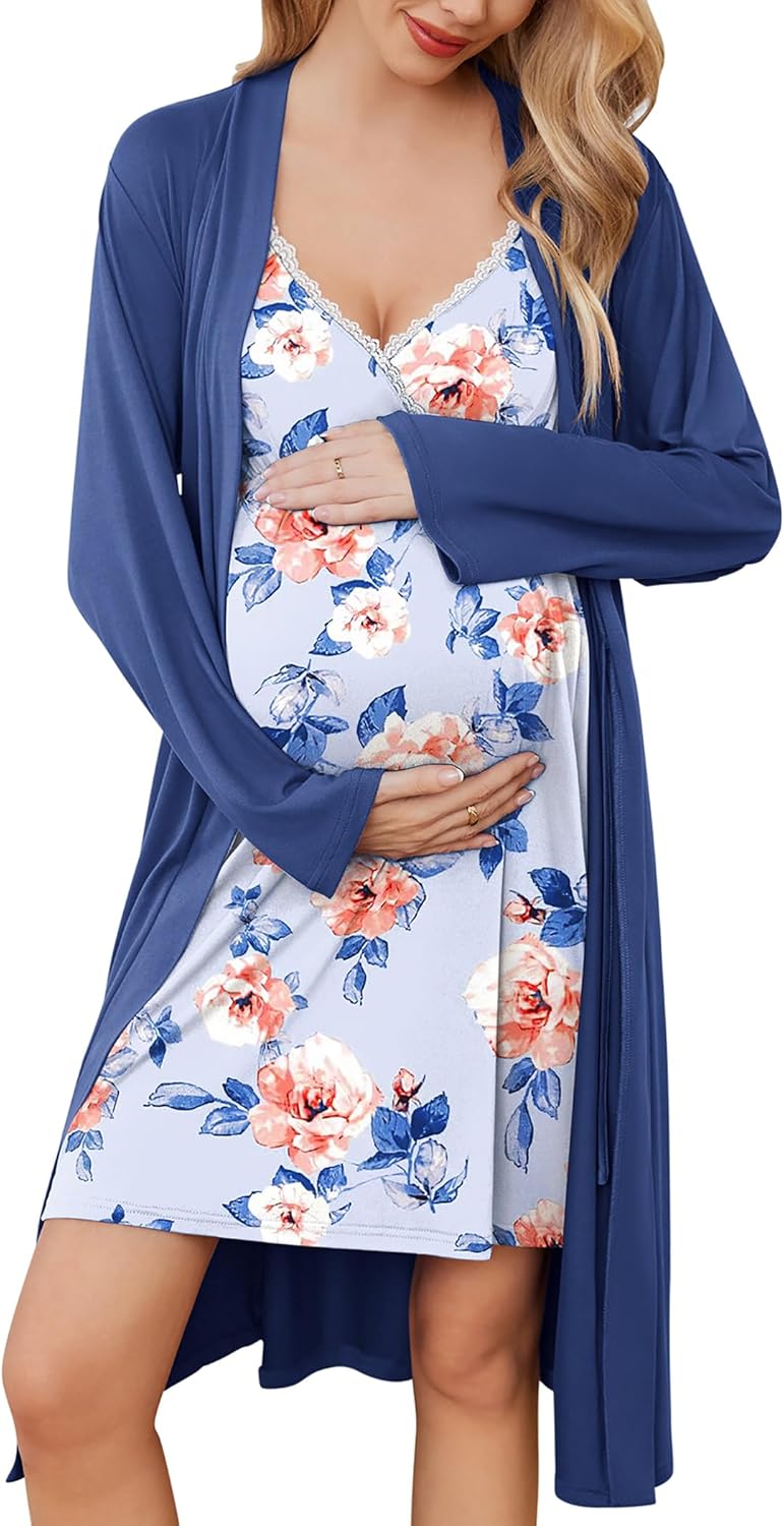 Ekouaer Womens Maternity Nursing Gown and Robe Set Labor Delivery Nuring Nightgo...