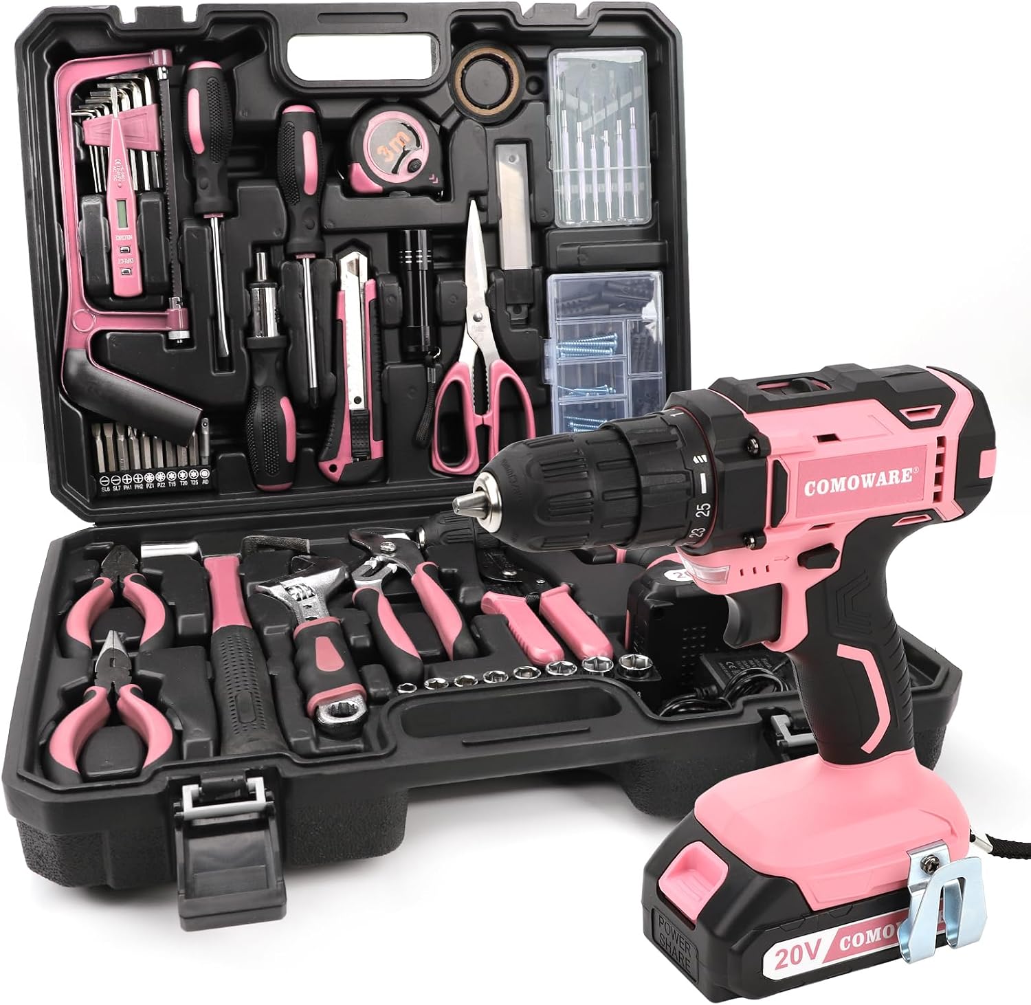 COMOWARE Pink Tool Box, Special 20V Drill with 120 Pcs Tool Set, Unique Pink Too...