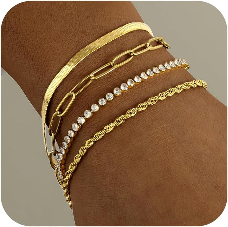 Gold Link Bracelets Sets for Women, 14K Gold Plated Dainty Classic Adjustable Pa...