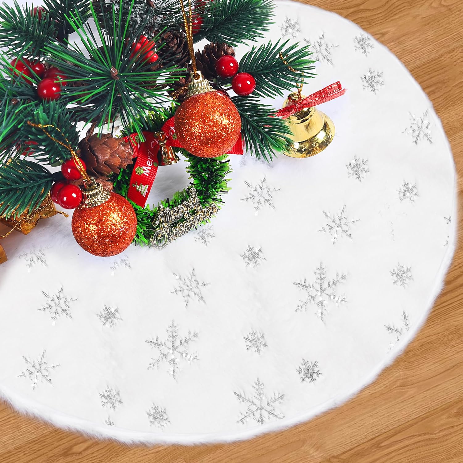 Christmas Tree Skirt, 36 Inch Double Layers Thick Plush White Snowflake Xmas Tre...