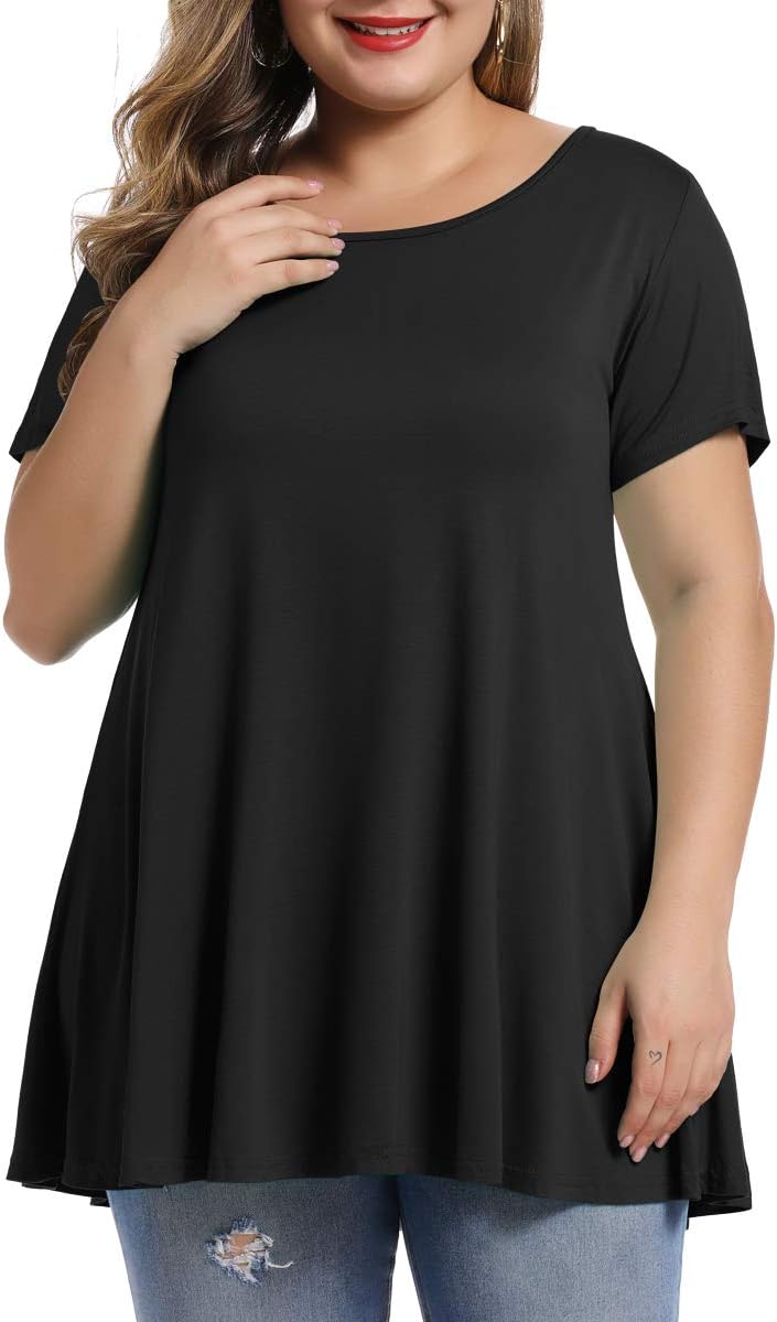 MONNURO Womens Short Sleeve Casual Loose Fit Flare Swing Tunic Tops Basic T-Shir...