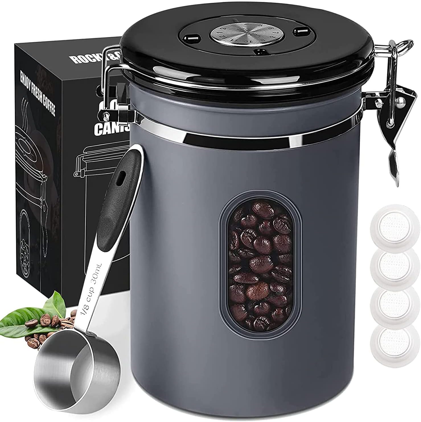 1800ML Airtight Coffee Canister with Date Tracker Transparent Window, 22.8OZ Cof...