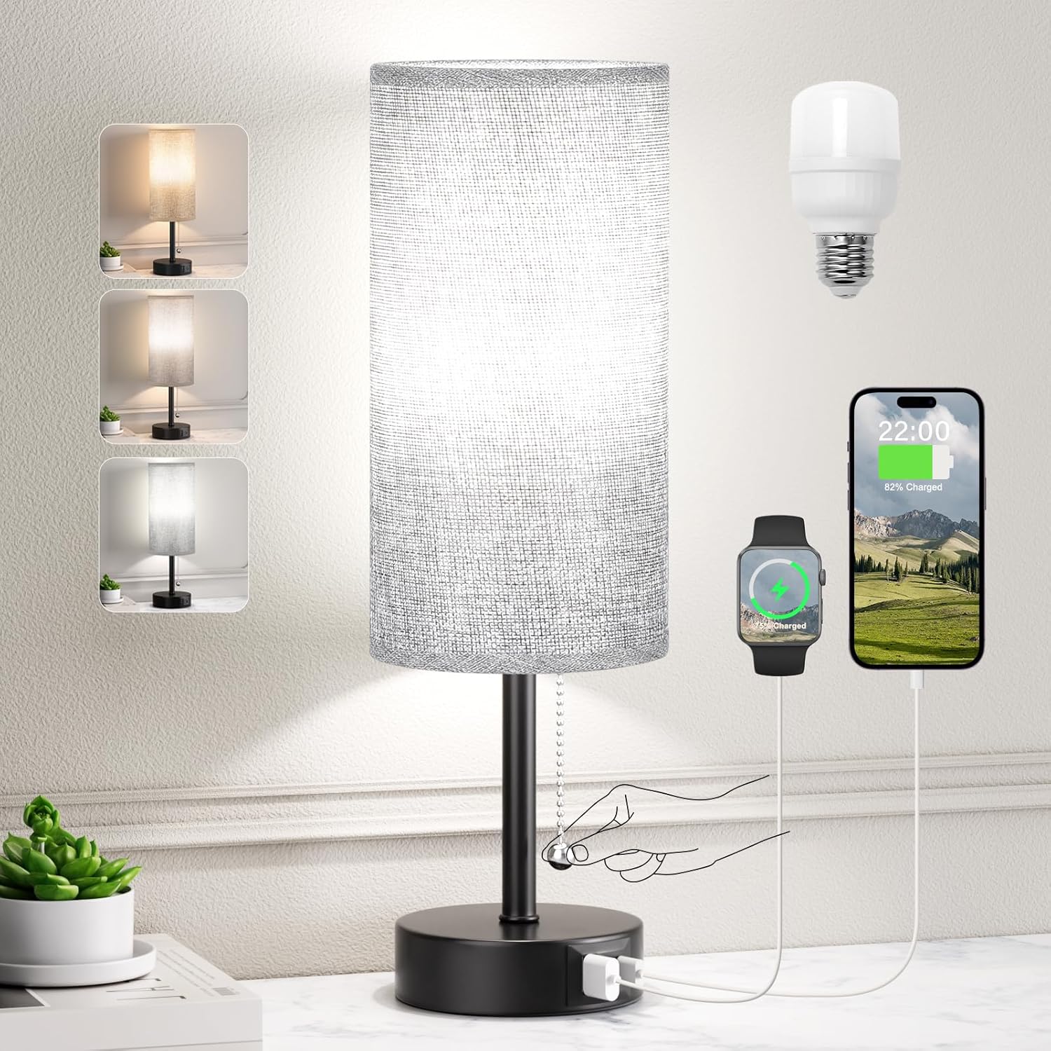 Grey Bedside Lamp for Bedroom Nightstand - Small Table Lamp with USB A + C Charg...