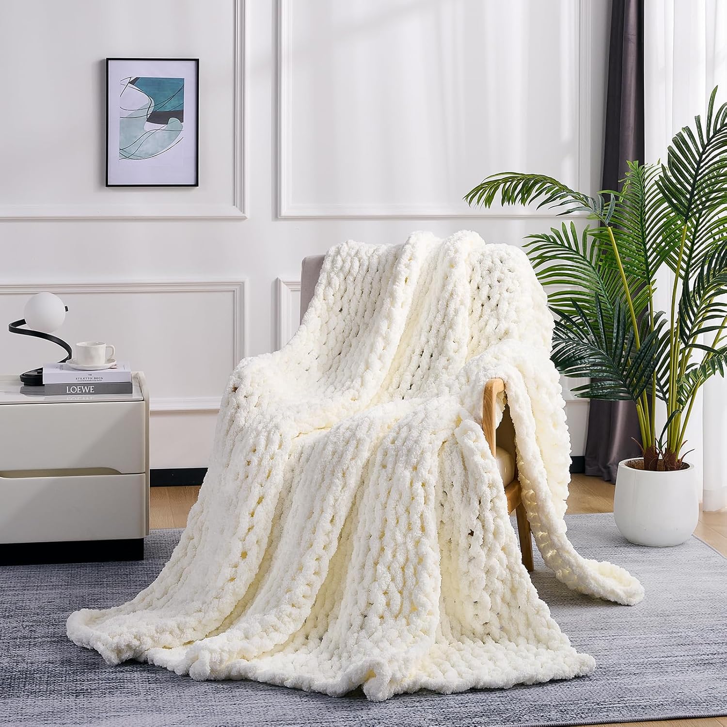 L'AGRATY Chunky Knit Blanket Throw: 72''x84'' Chenille Chunky Knitted Throw Blan...