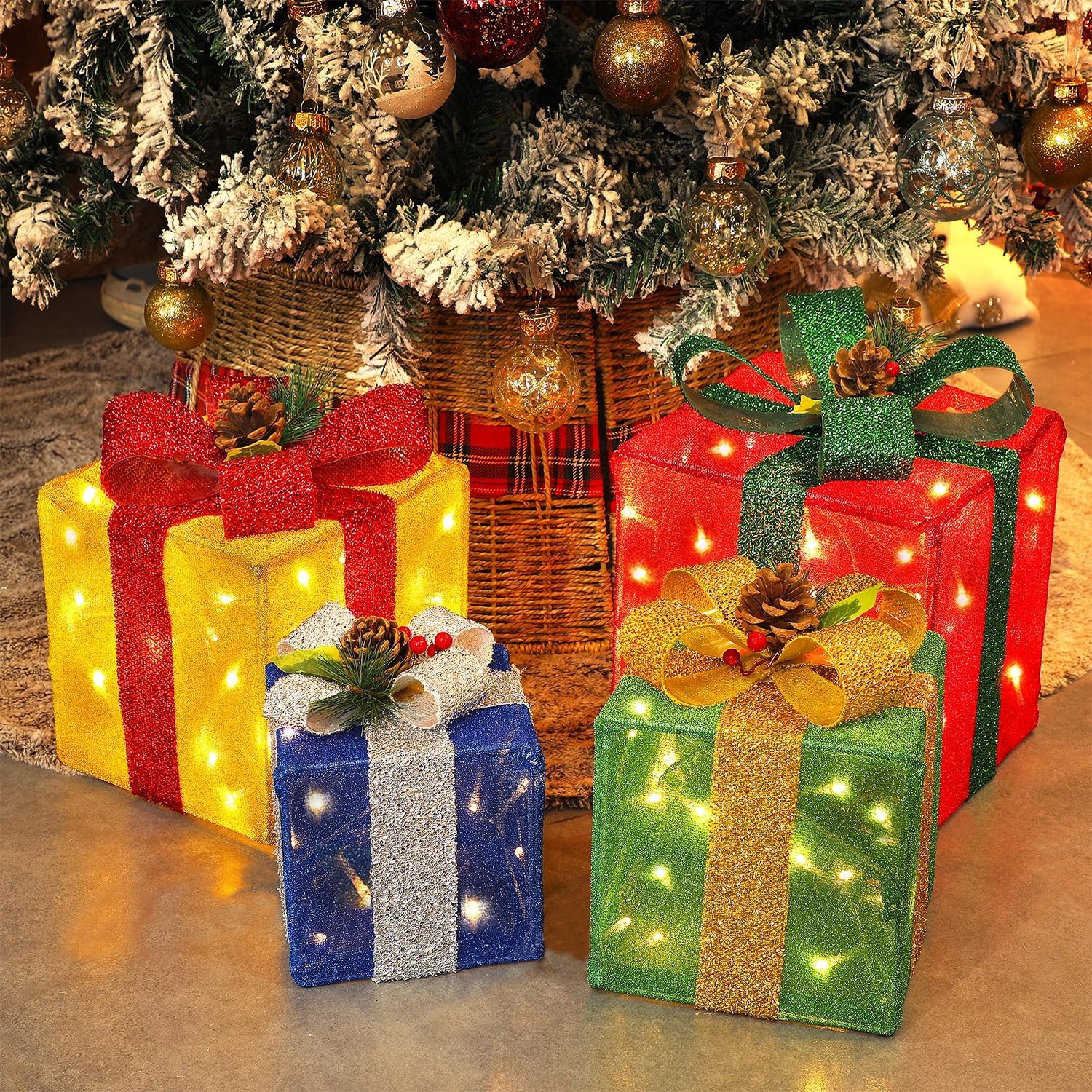 Set of 4 Christmas Lighted Gift Boxes Decorations, Pre-lit Tinsel Present Box wi...