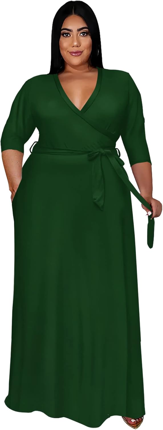 Runwind Plus Size Dress, Special Women's Dress with 3/4 Sleeve, Unique V Neck Pr...