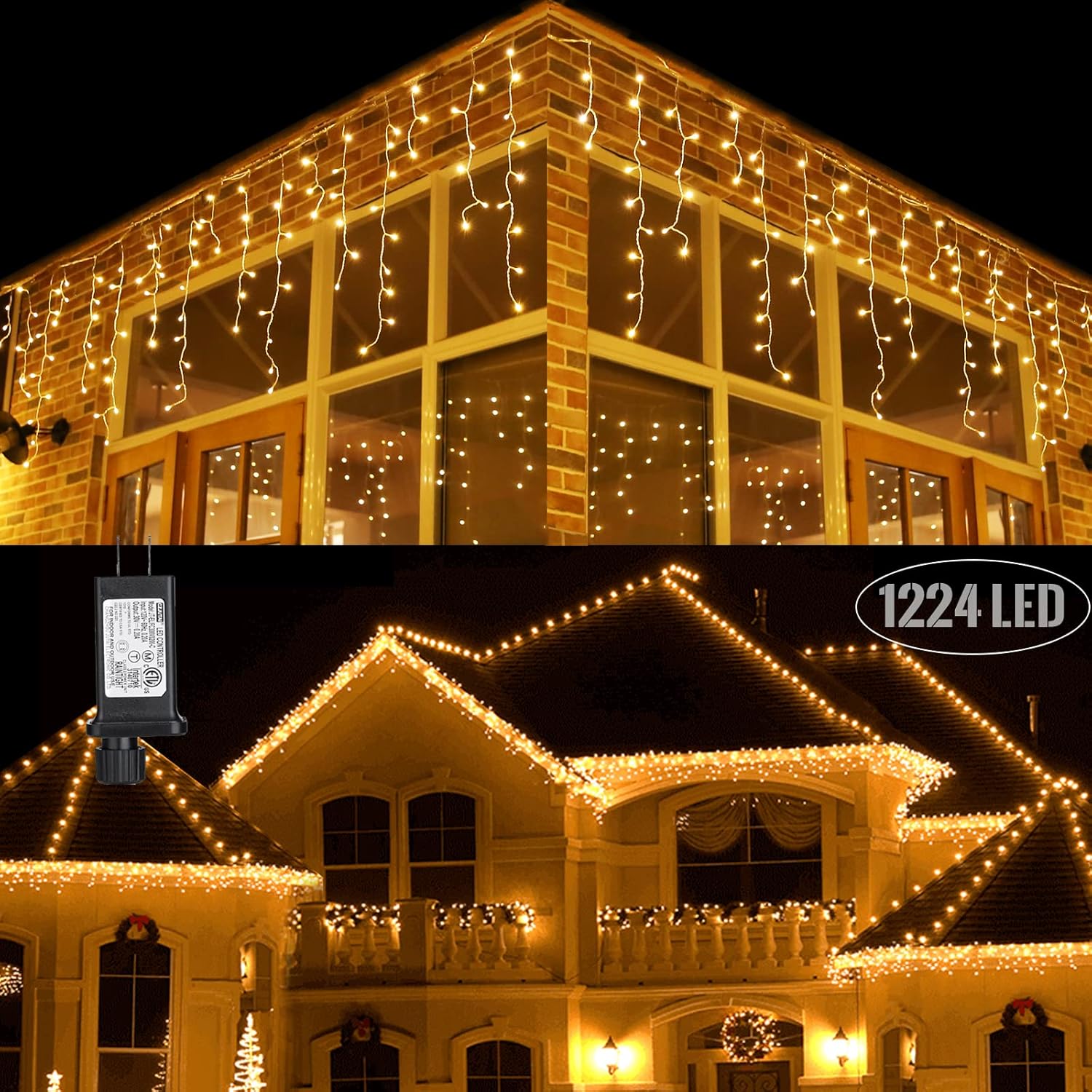 Toodour Icicle Christmas Lights, 100ft 1224 LED 8 Modes Icicle String Lights wit...