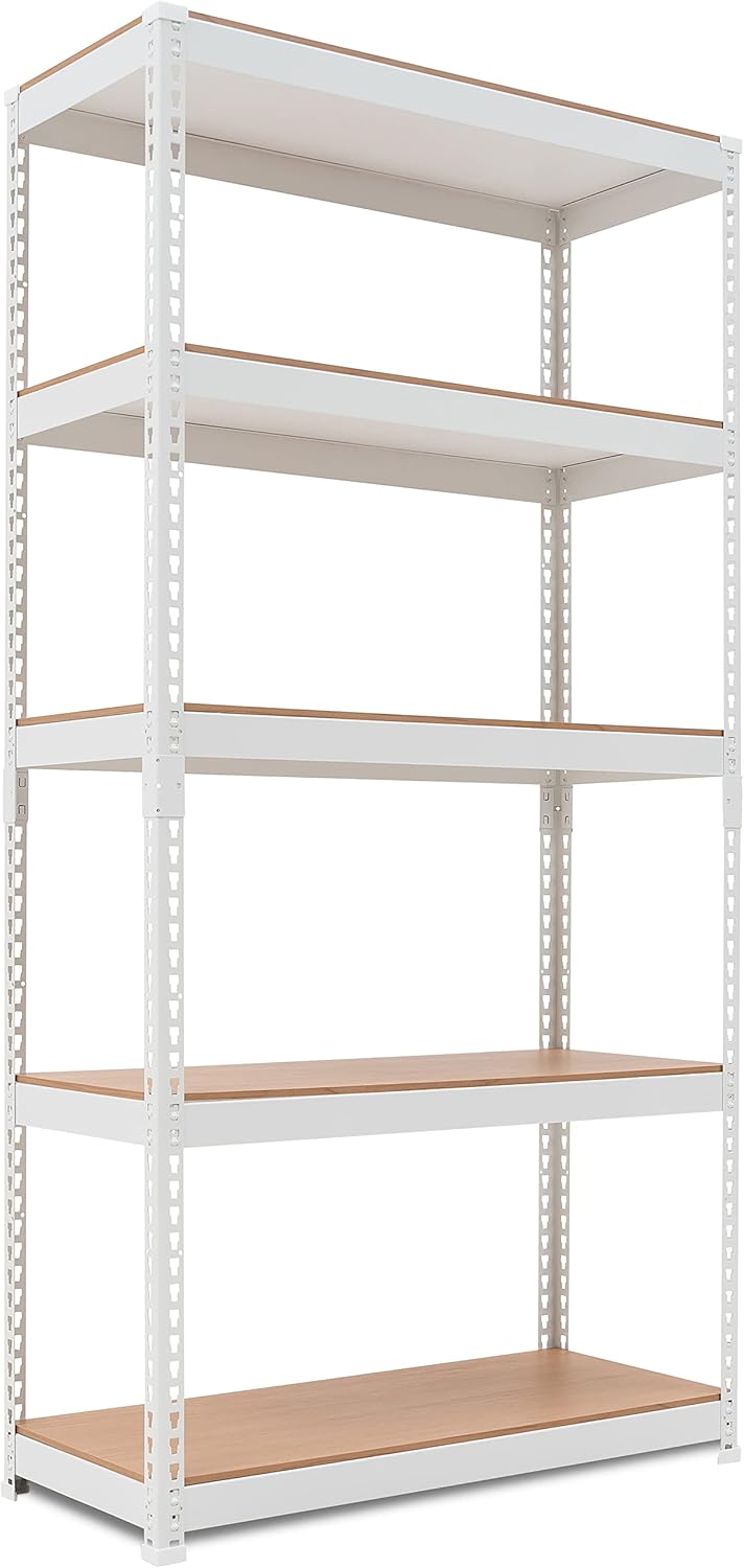 HOMEDANT 5 Tier White Storage Shelves Adjustable Laminated Boltless Garage Metal...