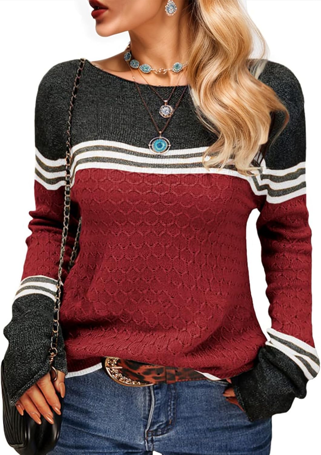 Womens Sweaters Fall Colorblock Pullover Long Sleeve Round Neck Cute Fitted Stri...