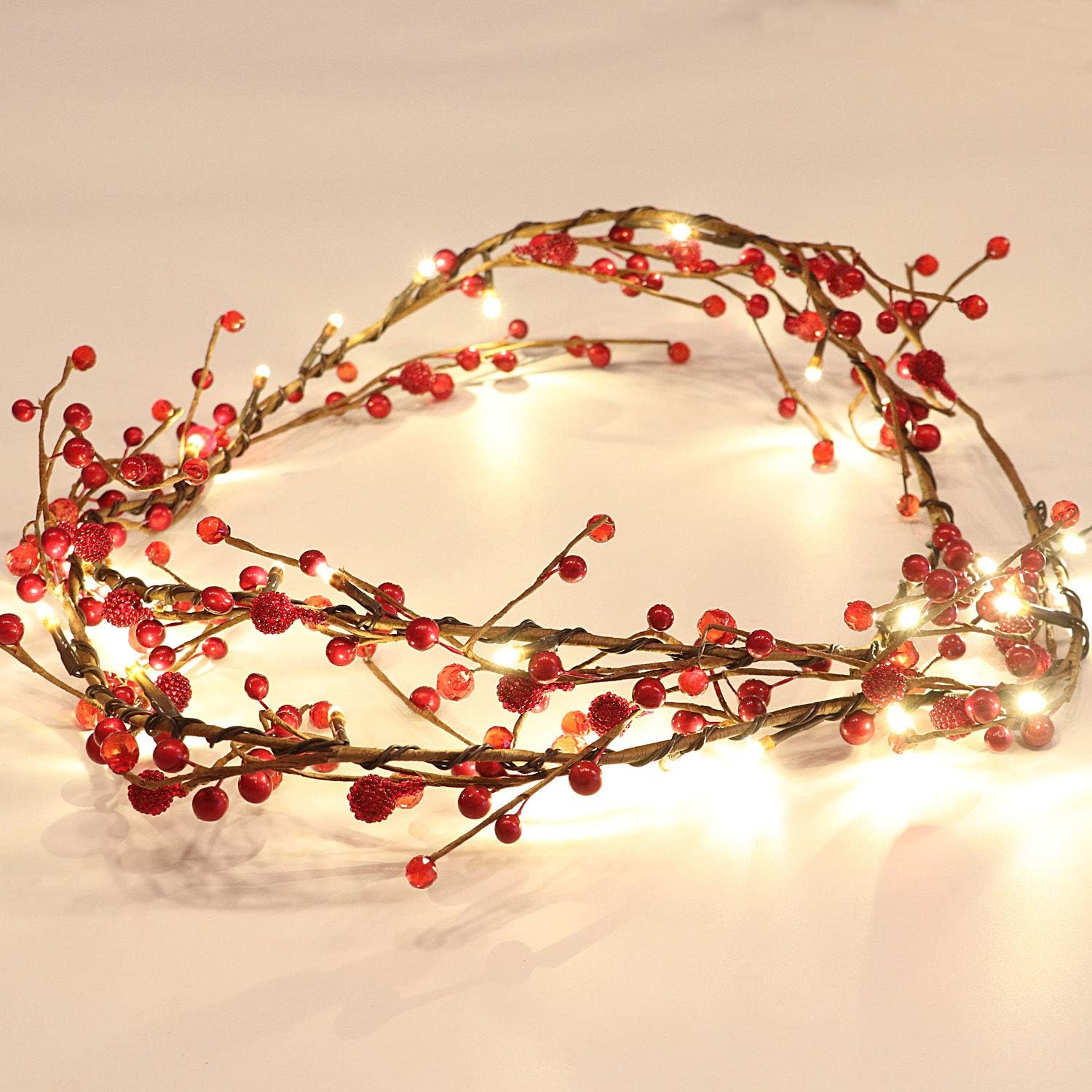 Rhytsing Red Berry Branch, Special Pre-lit Christmas Garland for Holiday Decor,...