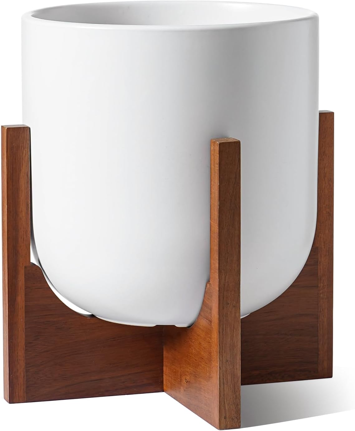 LE TAUCI 10 Inch Plant Pot with Acacia Wood Stand, Ceramic Planters for Indoor P...