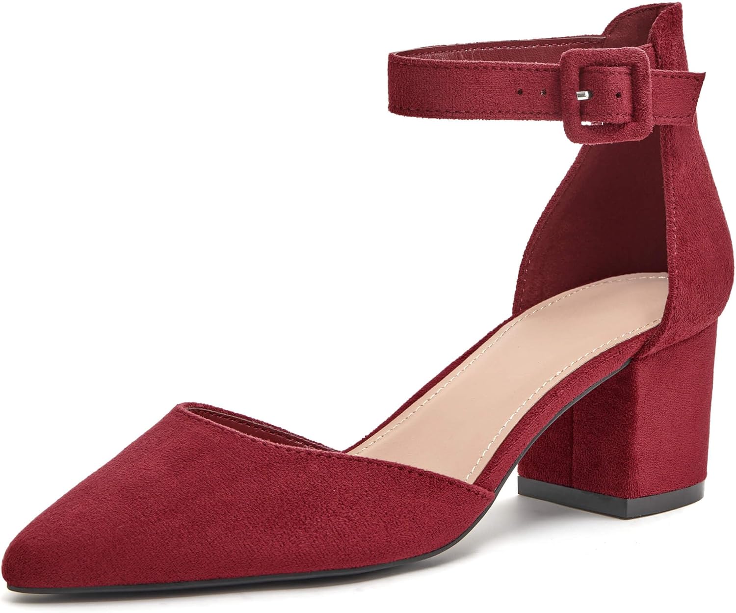 LAICIGO Women's Pointed Toe Pumps Ankle Strap Buckle Chunky Block Heel Dress D'O...